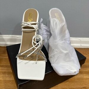 White gem detailed lace up heels